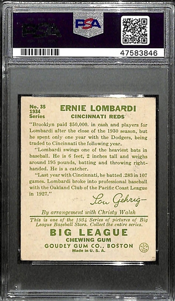Signed 1934 Goudey Ernie Lombardi (HOF) #35 Graded PSA 5 (Auto Grade 8) w. Uncle Jimmy Collection, d. 1977